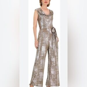 Connected Apparel Gold Lame Holiday Festive Cowl Neck Wide Leg Jumpsuit 20W